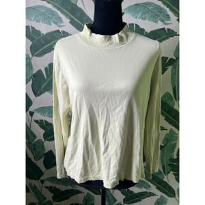 LL Bean Mock Neck Top Women XL Pale Yellow Green JOY Embroidered